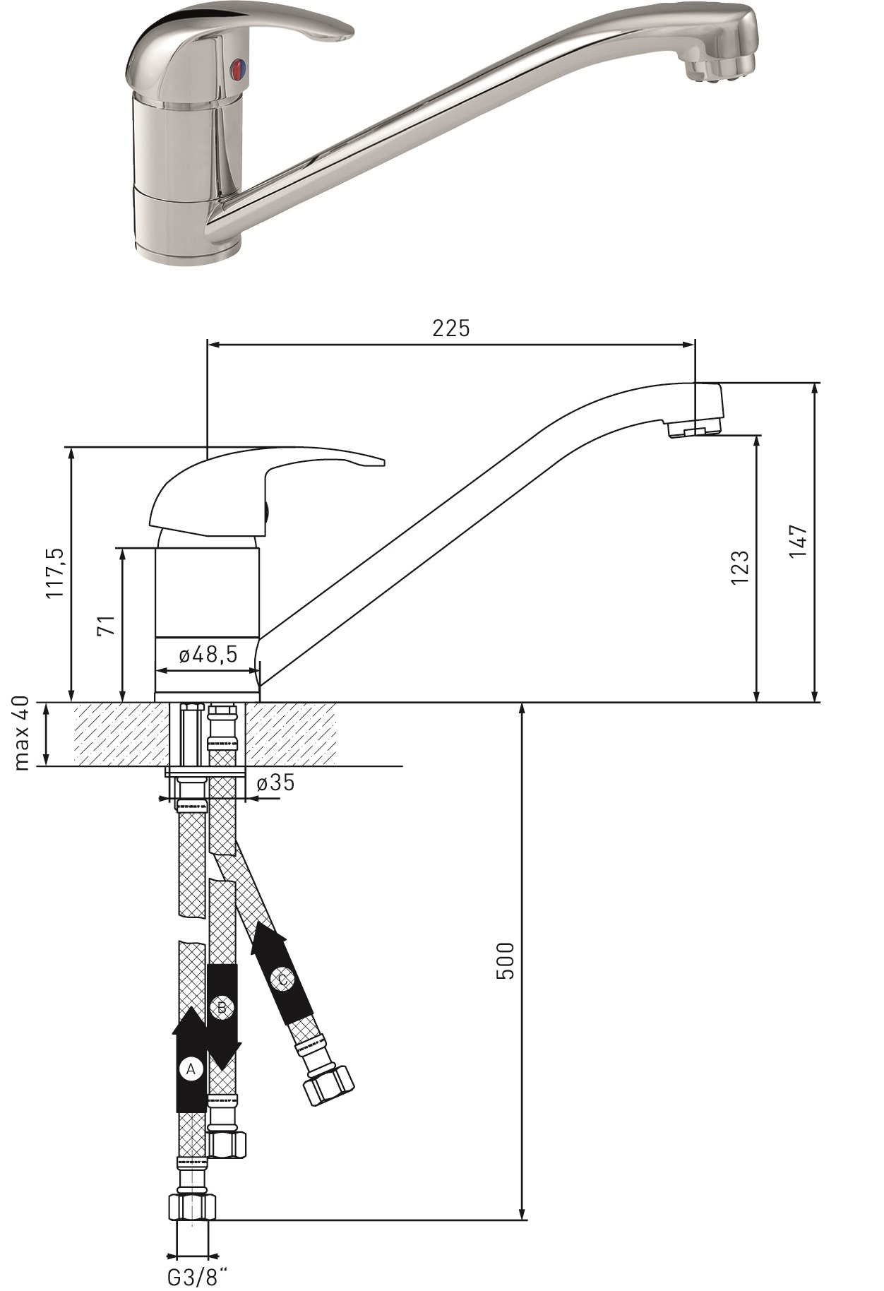 Spültisch-Einhandmischer Niederdruck MS vc DN 15